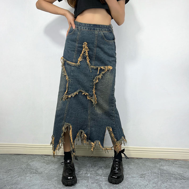 Sexy A line Slimming Long Denim Skirt