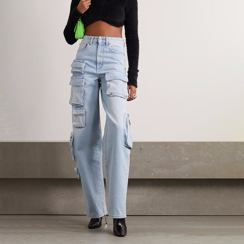 Light Wash Multi Cargo Pocket Straight leg jeans