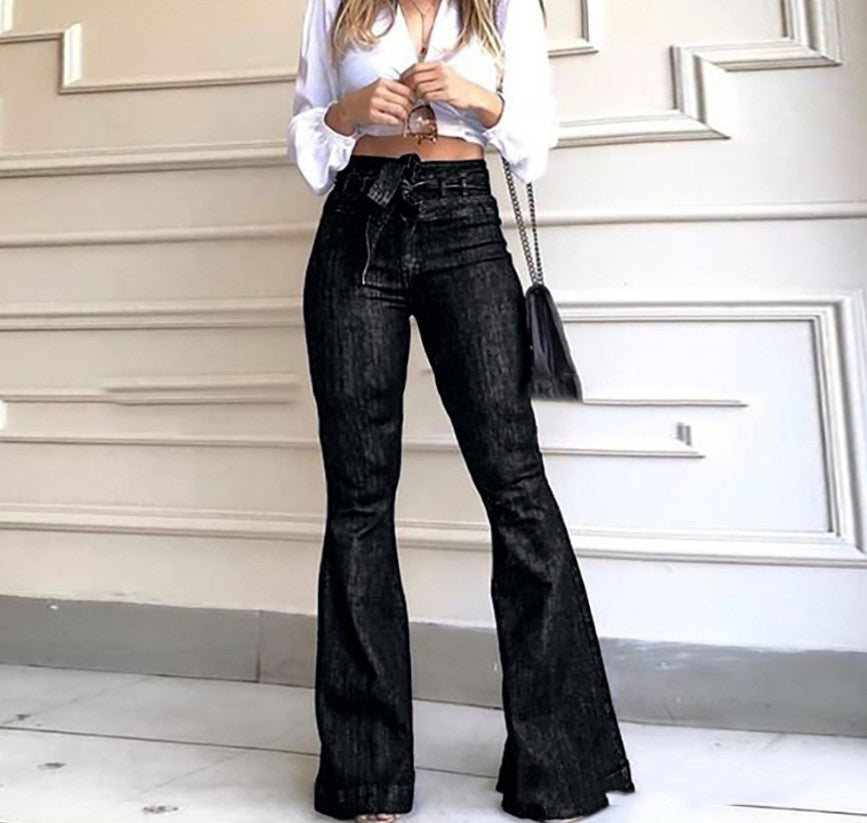 High Rise Belt Detail Flare Jeans