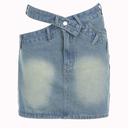 V Shaped Hollow Out Cutout Waist Denim Skirt Washed Distressed Cropped Low Waist Skirt