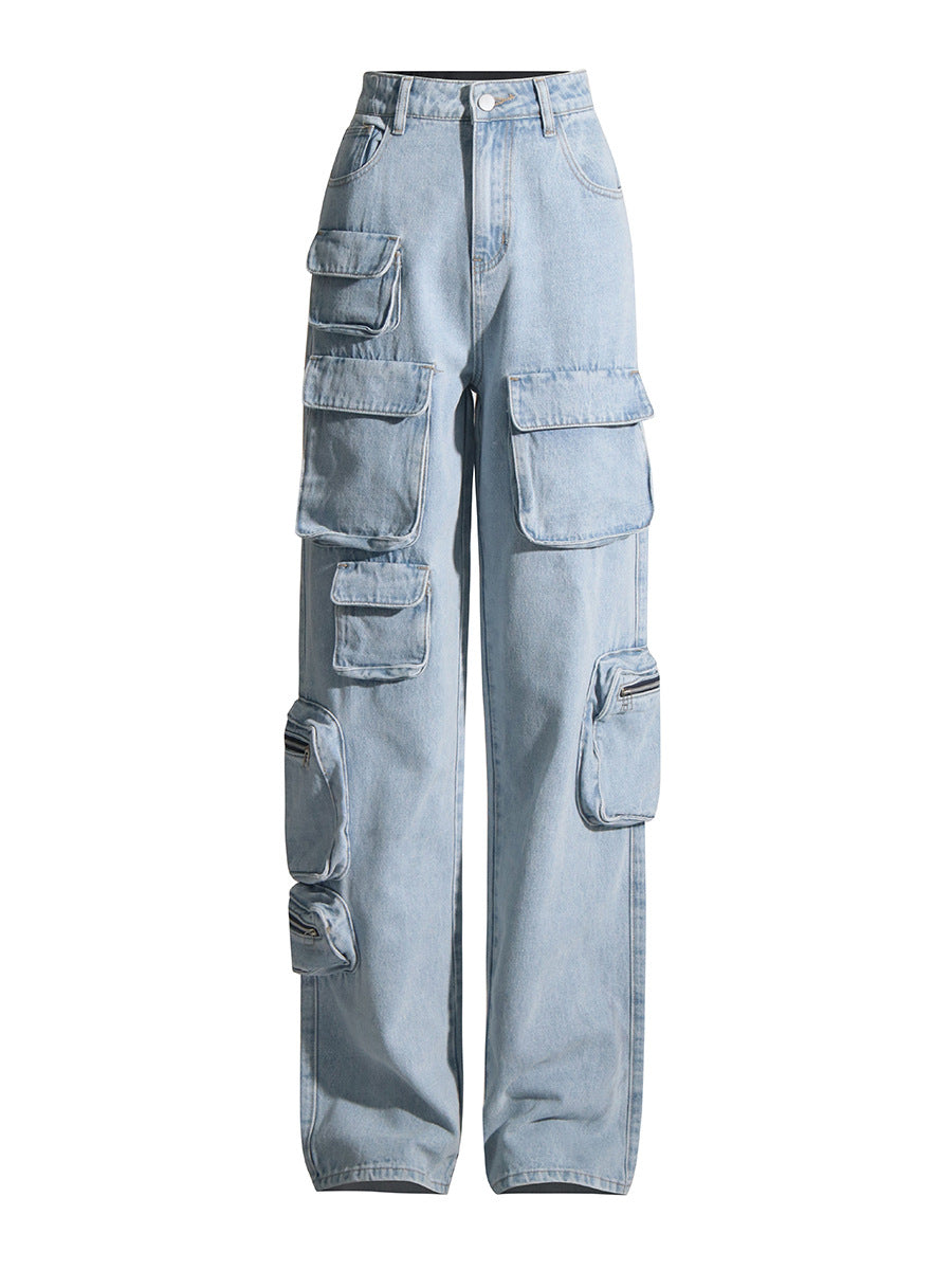 Light Wash Multi Cargo Pocket Straight leg jeans