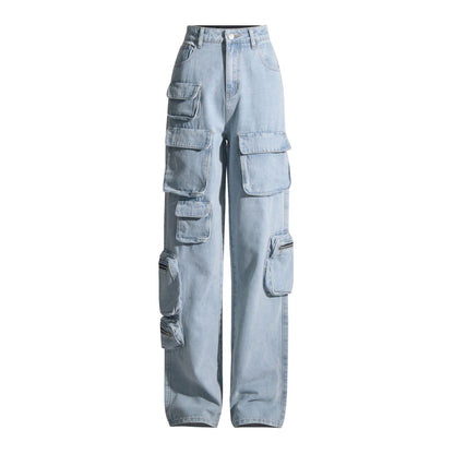 Light Wash Multi Cargo Straight Leg Jeans