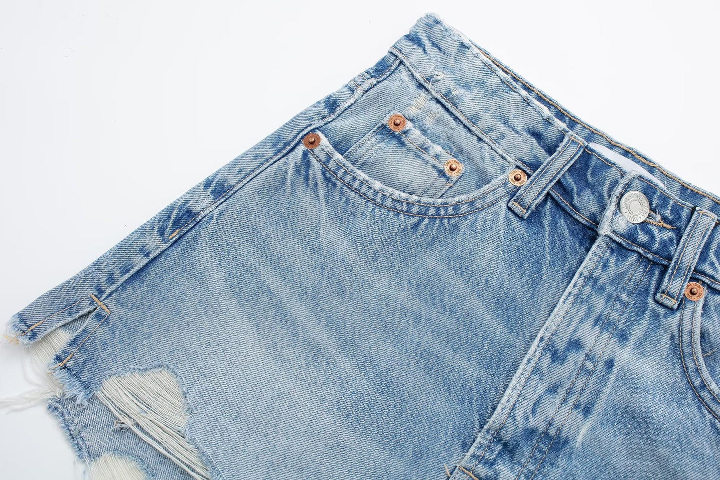 Summer Women Perforated Hole Decoration Burr Straight Cotton High Waist Denim Shorts