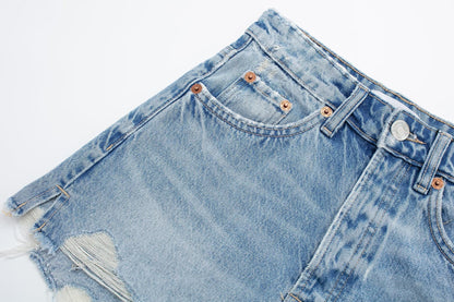 Summer Women Perforated Hole Decoration Burr Straight Cotton High Waist Denim Shorts