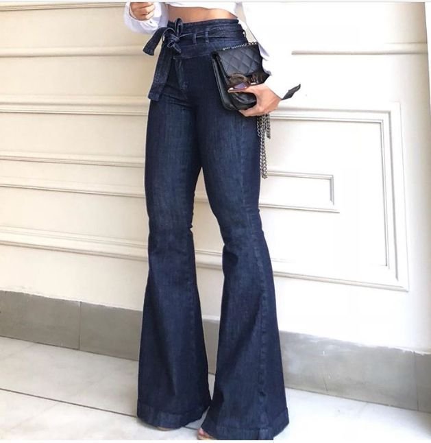 High Rise Belt Detail Flare Jeans