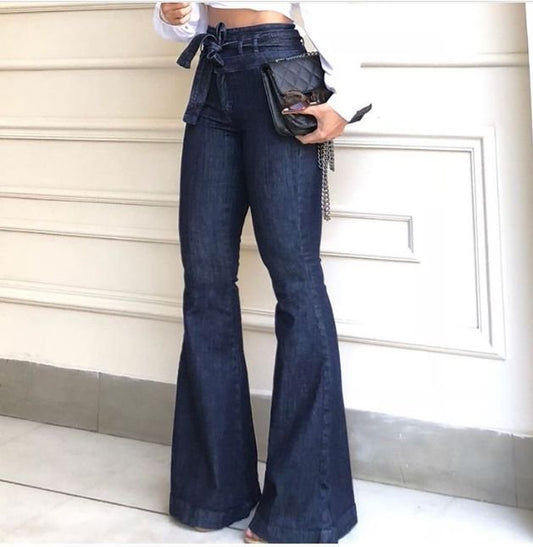 High Rise Belt Detail Flare Jeans