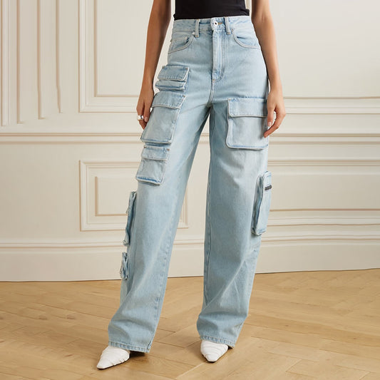 Light Wash Multi Cargo Straight Leg Jeans